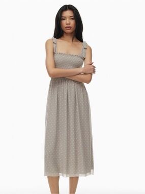 Aritzia Taupe Polka Dot Tie-Shoulder Midi Dress